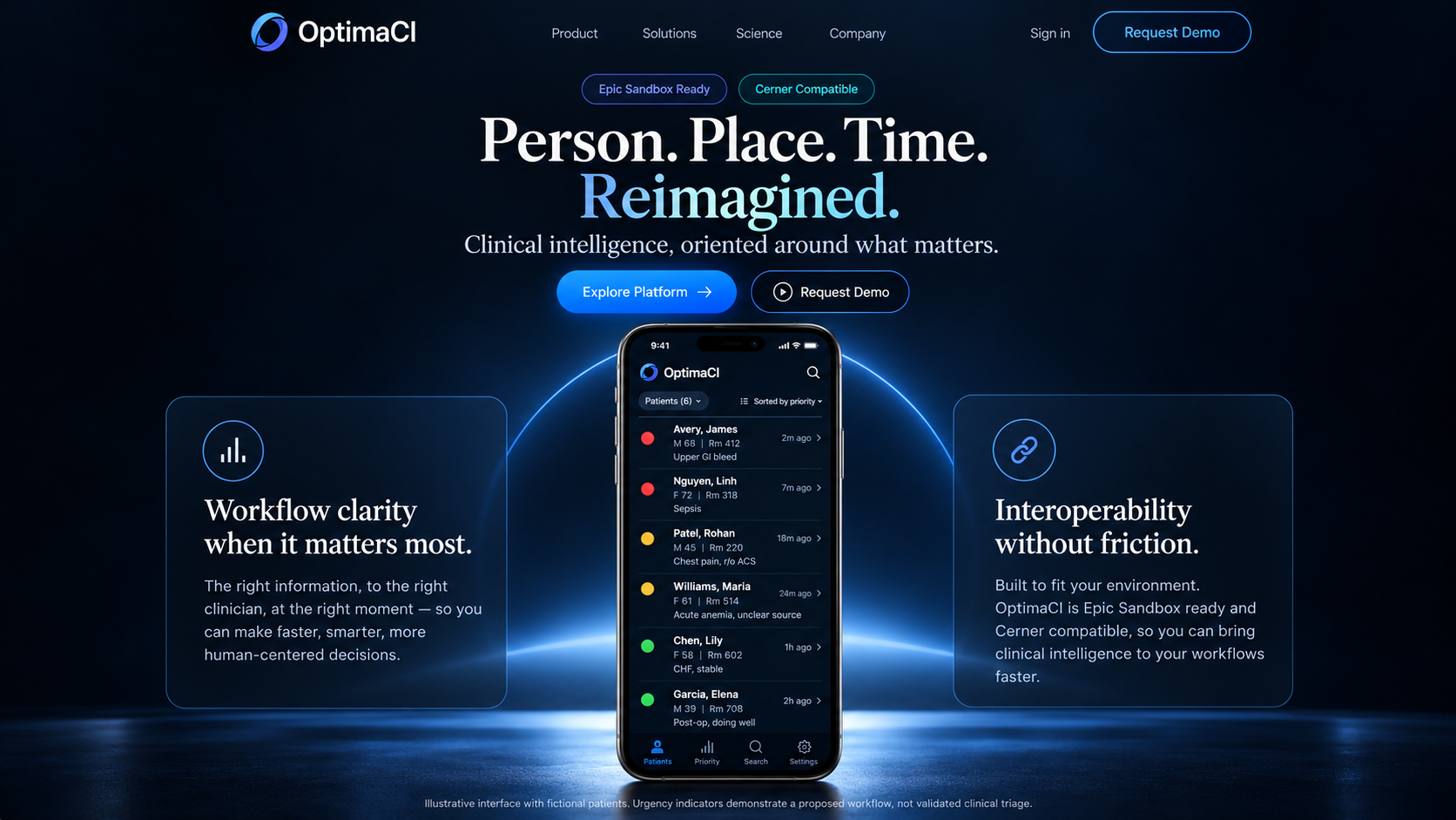 OptimaCI homepage design: Person. Place. Time. Reimagined. A dark-mode clinician workflow iPhone showing six fictional patients in red, yellow and green urgency groups, flanked by workflow clarity and interoperability cards.