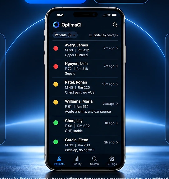 Close-up crop of the exact approved OptimaCI phone artwork with synthetic patient priority list.